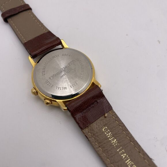 Vintage Guess Watch Women Gold Tone w Alarm White Dial Brown Leather Band 1990 - Picture 7 of 9